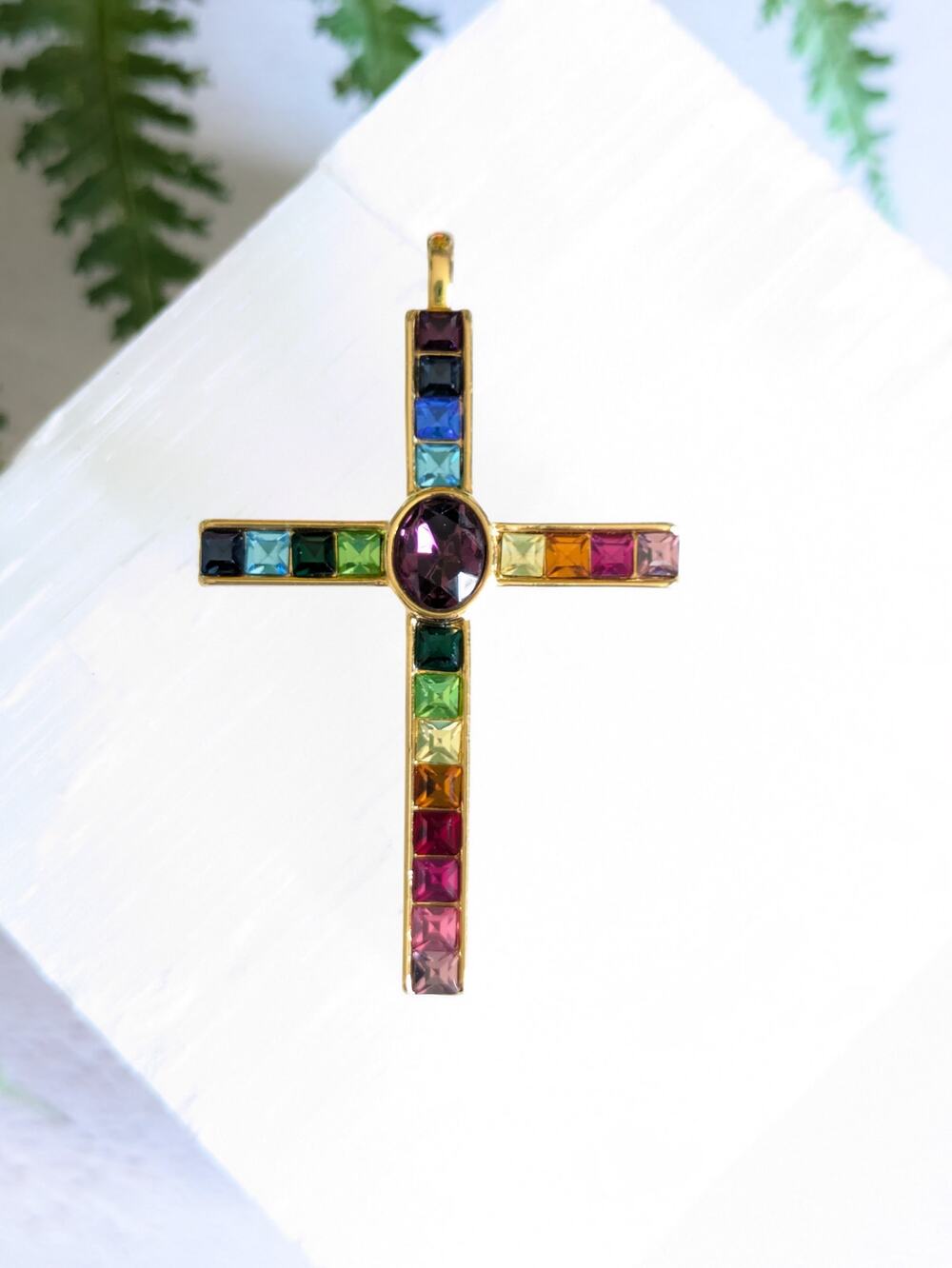 Vintage PSCO Rainbow Crystal Cross Pendant, 1990s Multicolor Rhinestone Jewelry